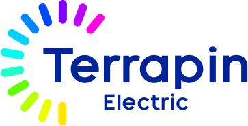 Terrapin Electric logo. Navy blue text surrounded by rainbow-colored dashes in the shape of a circle.