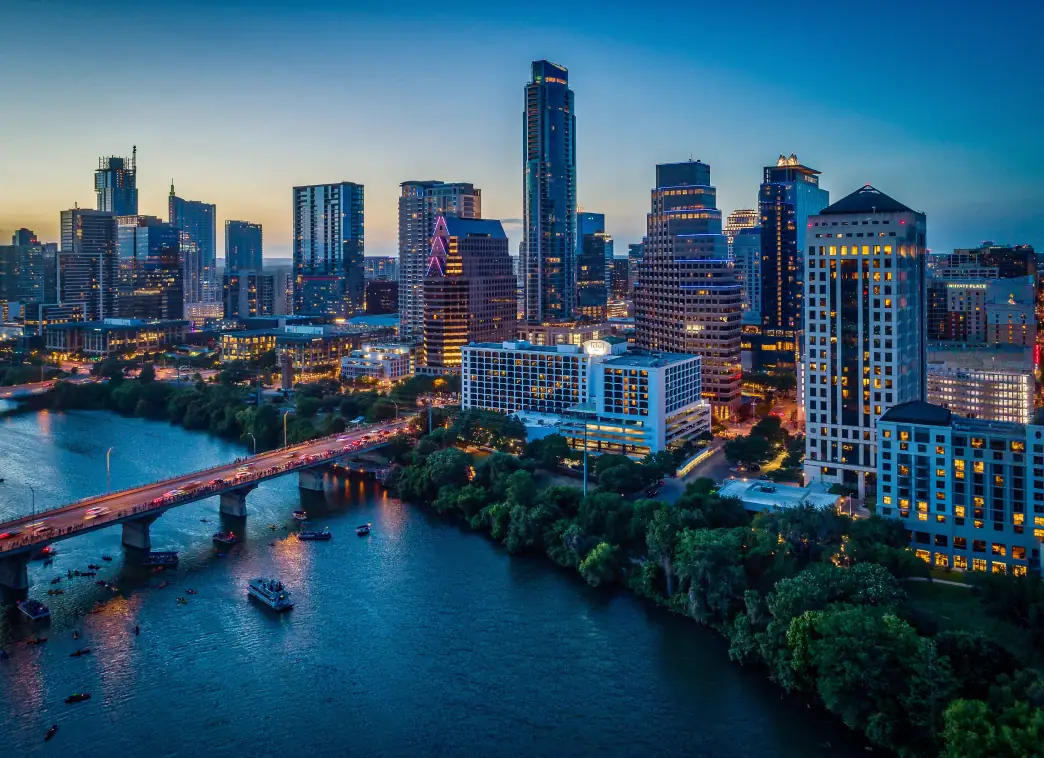 Evening skyline of downtown Austin, city in which Terrapin Electric provides services.