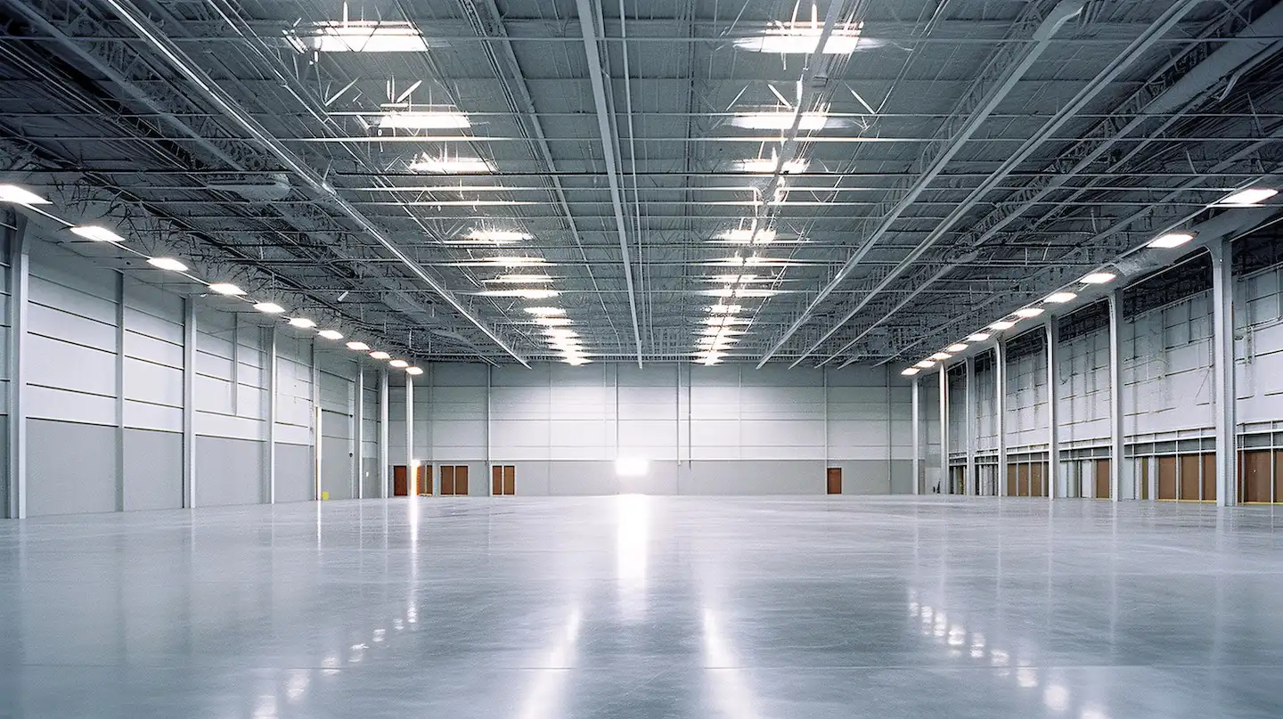 Empty warehouse in Austin with commercial lights and garage doors.
