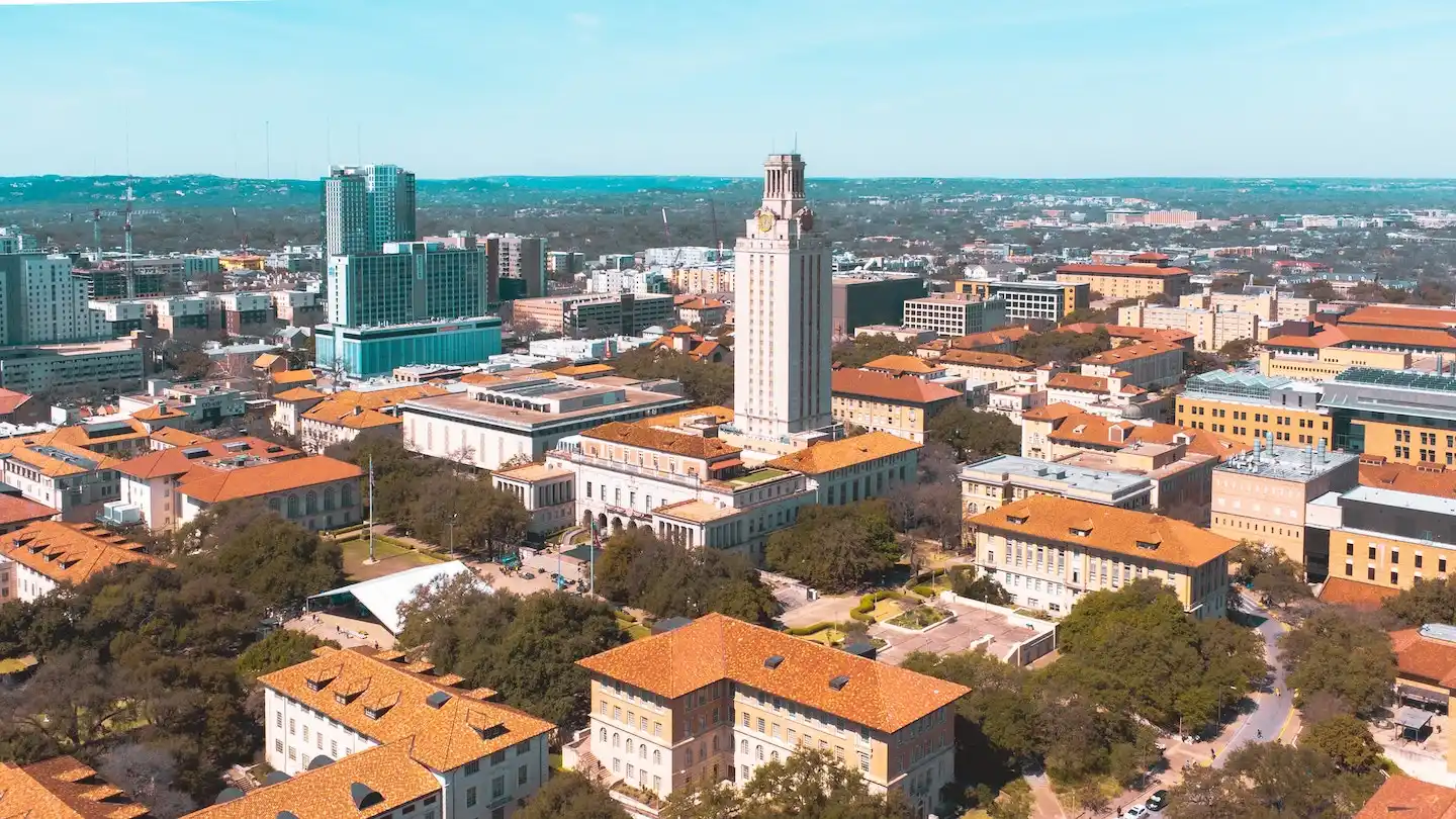 Aerial view of University of Texas campus including the UT tower.
