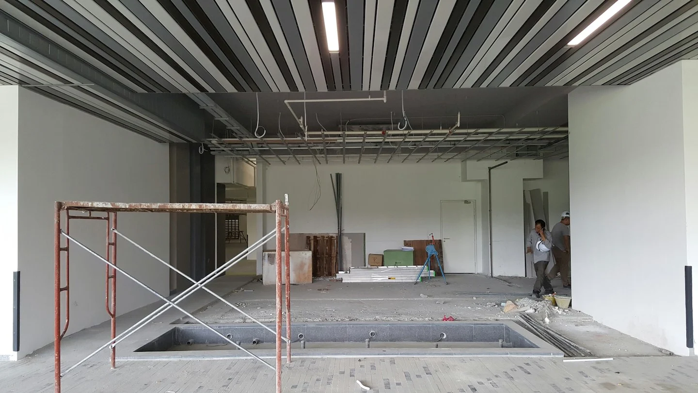 Commercial building interior during dry phase of construction.