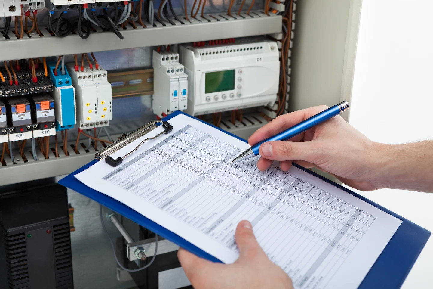 Electrician holding clipboard and checking fuse boxes for safety and functionality.