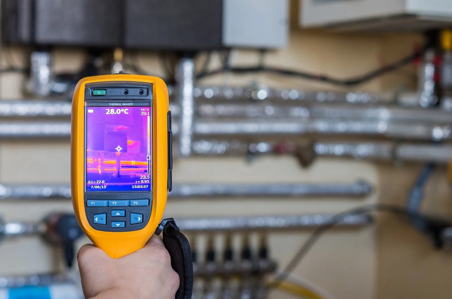 Preventive electrician scanning electrical system with thermal imaging camera to detect overheating.