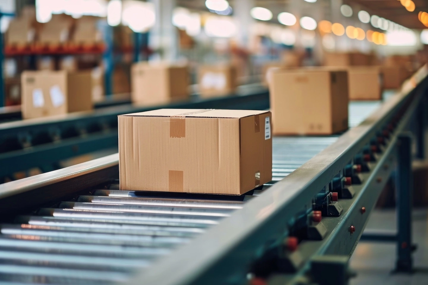 Cardboard boxes rolling down conveyor line in parcel automation facility.