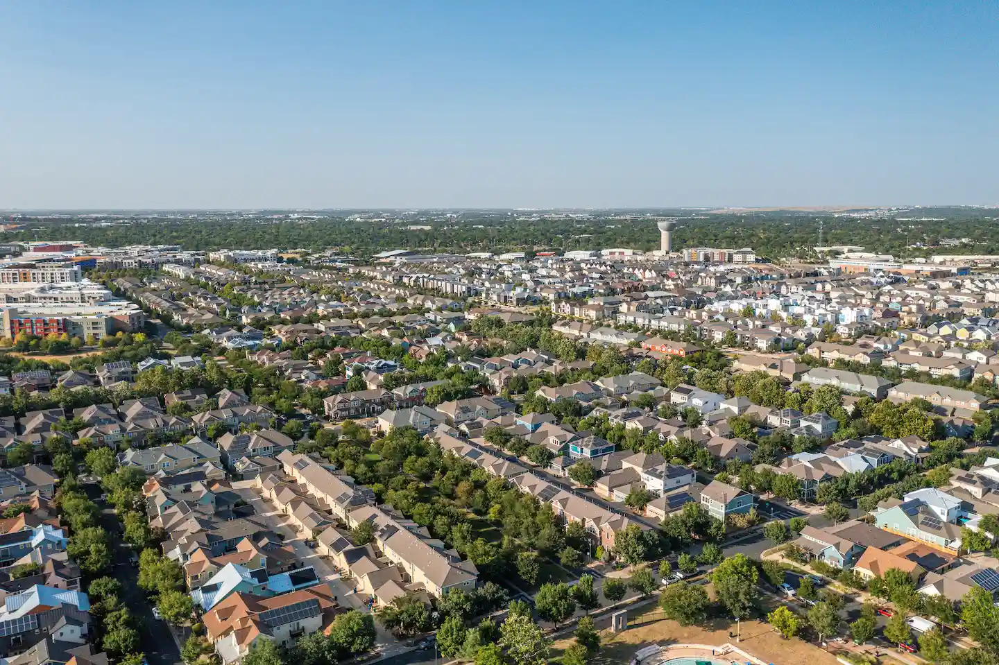 Aerial view of Mueller neighborhood in Northeast Austin.