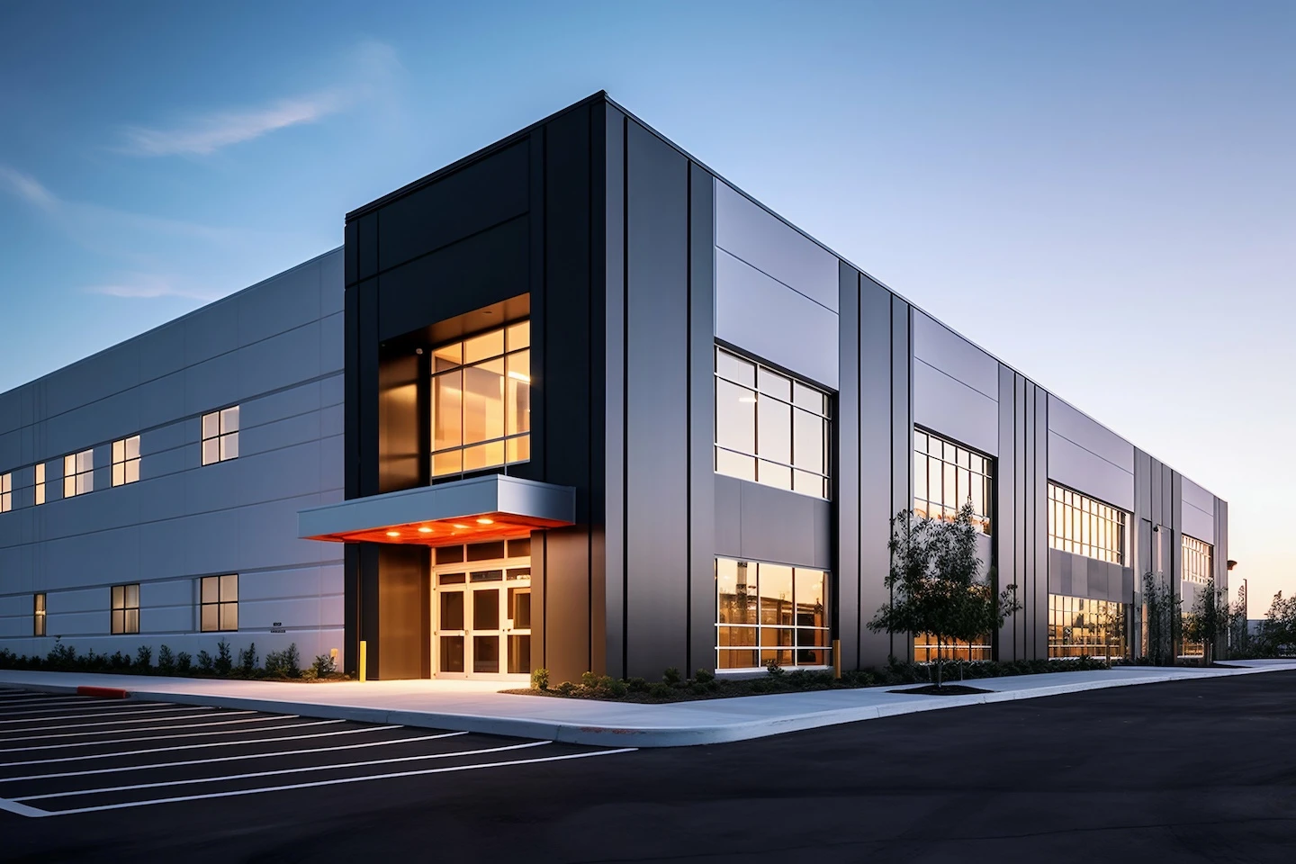 Alt text: Commercial warehouse in Austin at night with canopy lighting near front entrance.