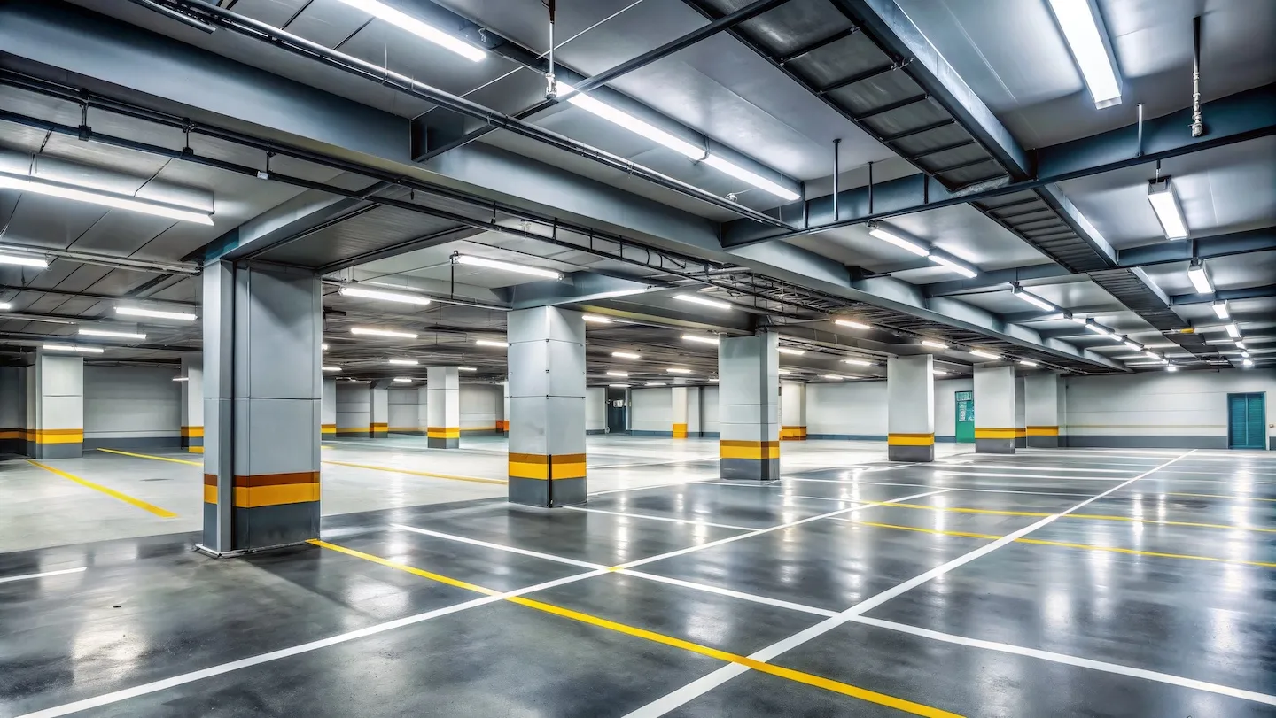 Commercial parking garage in Austin with overhead LED lighting.